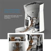 An automatic pet feeding machine with cutaway view so the inner mechanism is visible with pet food being dispensed.