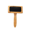 A rectangular pet brush made of bamboo shows metal pin bristles on a black base. The brush is displayed against a white background..