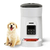 A small golden retriever puppy sits next to a white automatic pup feeding machine with food in the bowl, on a white background. 